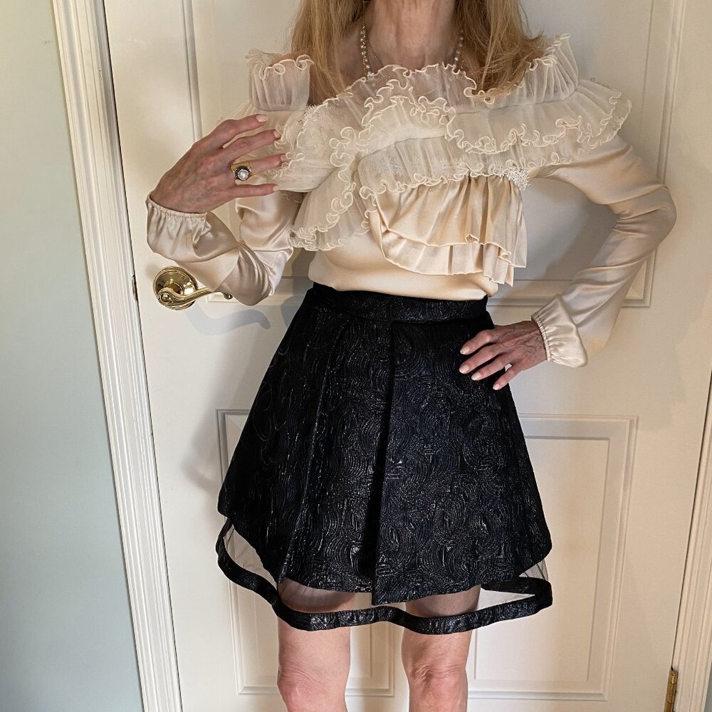 Formal, Ruffled neckline cream silk top